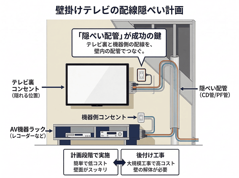 壁掛けテレビを採用する方は、必ず「隠ぺい配管」とセットで計画してください。 