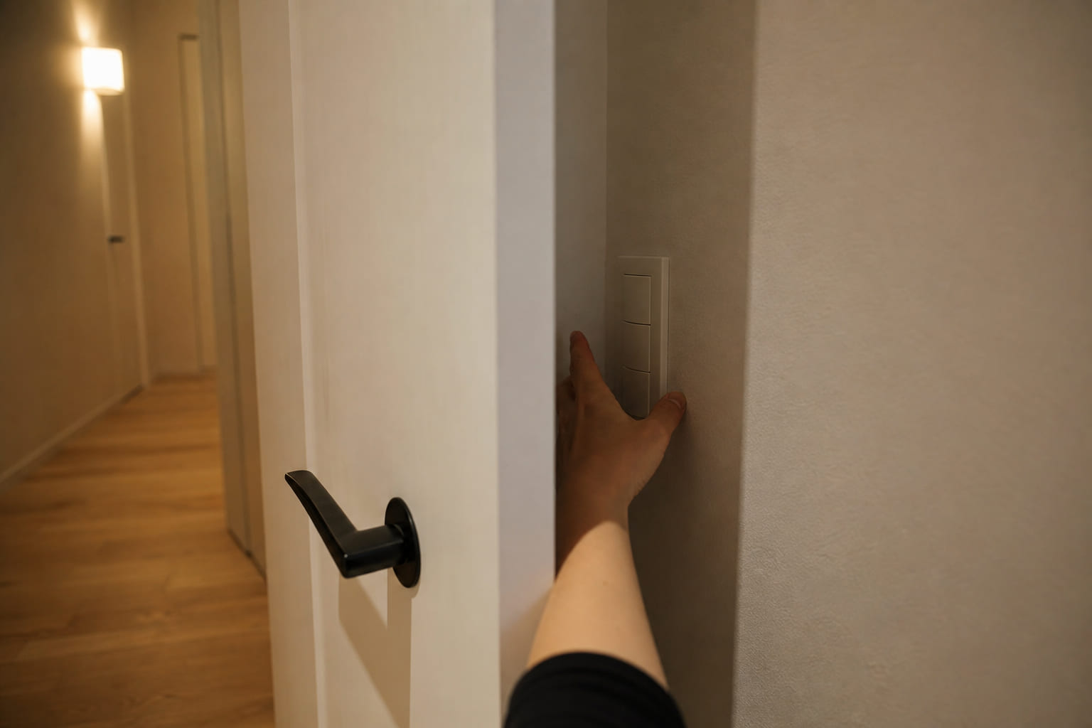 開いたドアの裏に隠れてしまった照明スイッチ