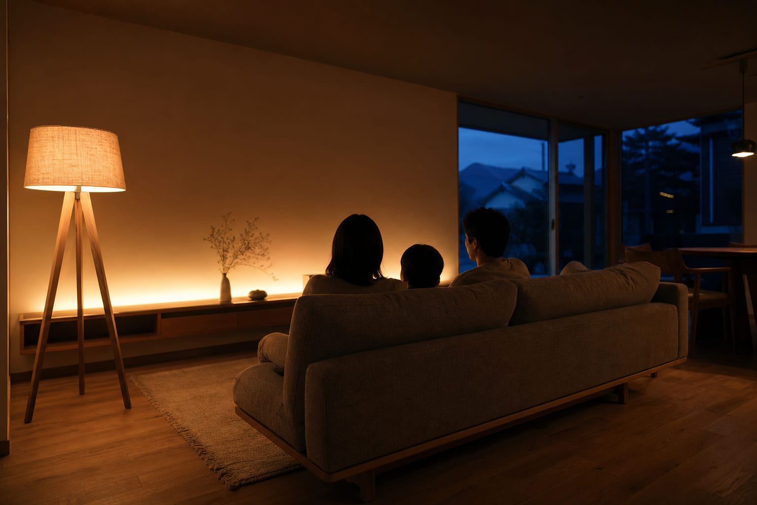 電球色の温かい照明に包まれた夜のリビング