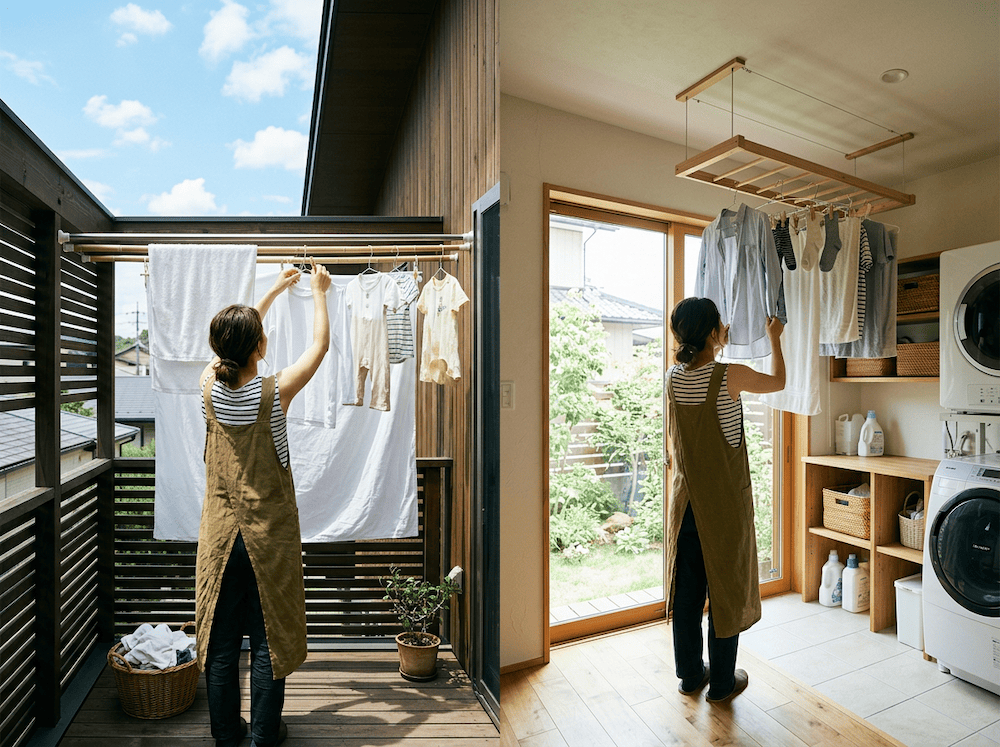 外干しと室内干しの対比