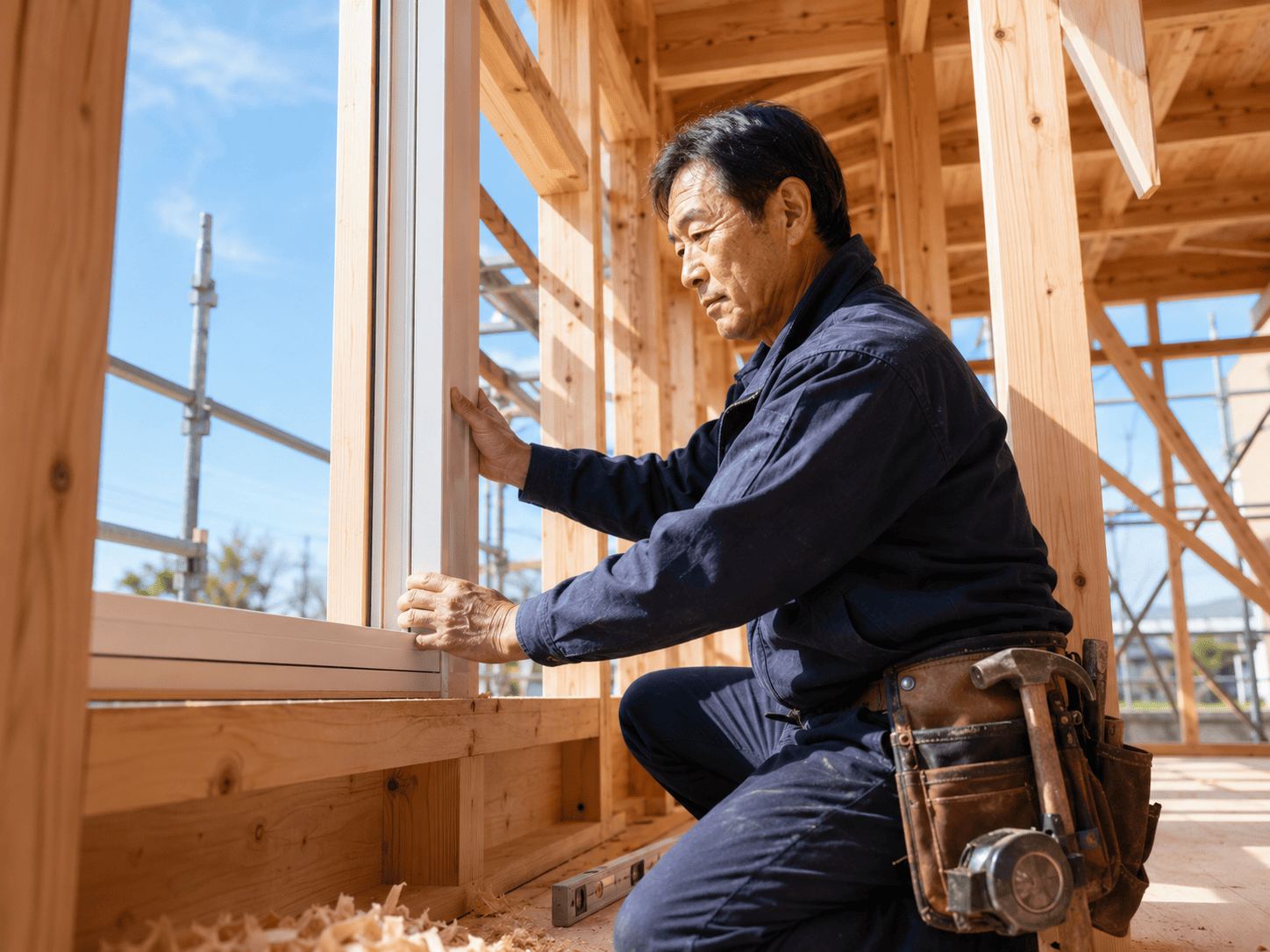 上棟後の現場でサッシを取り付ける大工