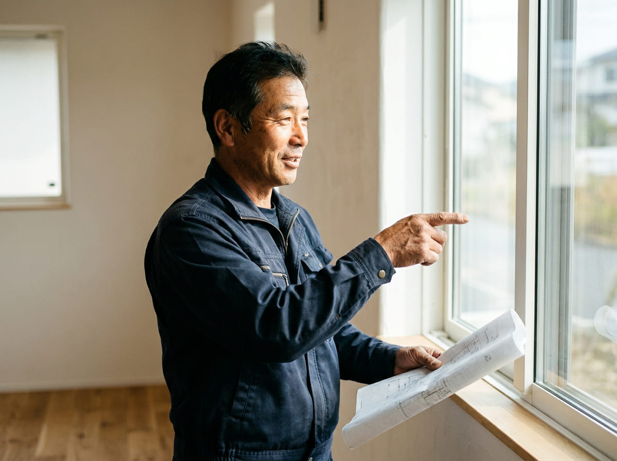 窓辺で図面を持ち語りかける棟梁