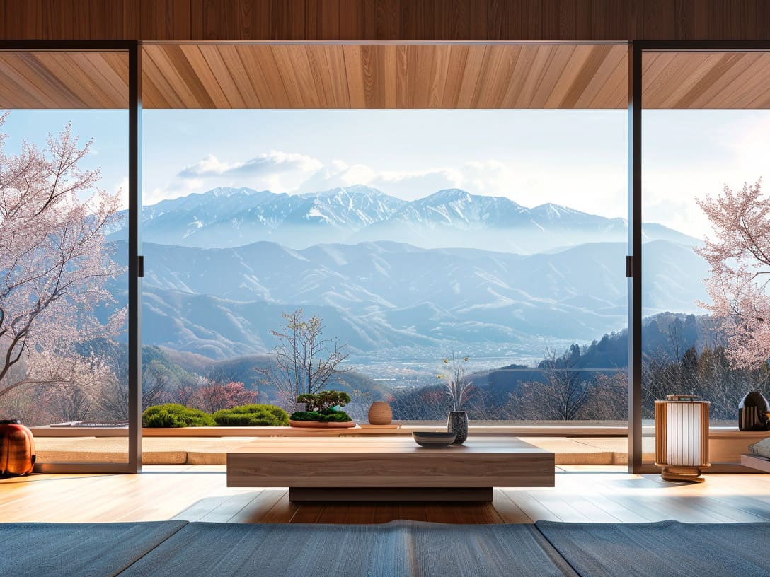 南アルプスの山並みを望む大きな窓のある新築リビング
